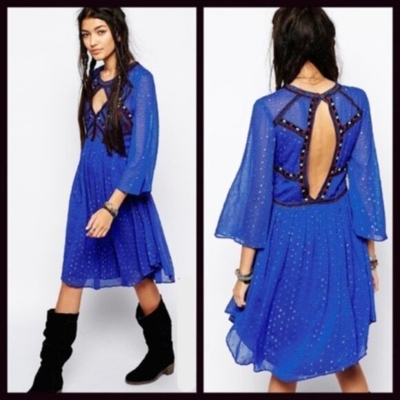 Free People All You Need Dress S NWOT Embroidered Chiffon Cut-Out Bell Sleeves - Picture 7 of 7